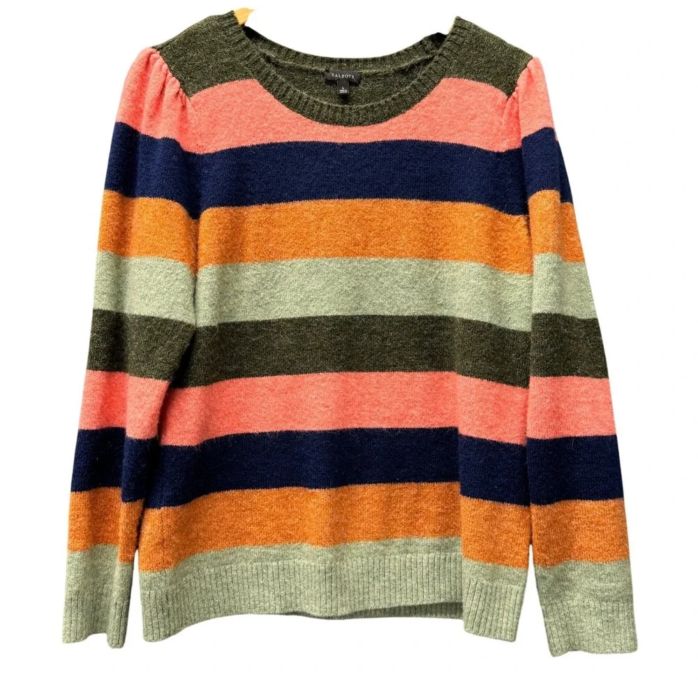 Talbots Sweater Womens Large Striped Crewneck‎ Multi-Color Casual Fuzzy Knit